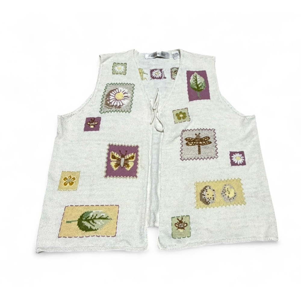 Claire Murray Womens L Sweater Vest Butterfly Dragonfly Floral Linen Cotton